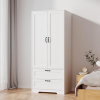 Wood Wardrobe Closet with Shelves and 2 Drawers,Freestanding Armoire Storage Cabinet for Hanging Clothes,Bedroom Wardrobe with Doors,White