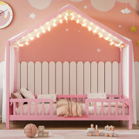 Montessori Floor Bed for Kids with Canopy, House-Shaped Toddler Bed Frame with High Railings & Roof, by Hokku Designs