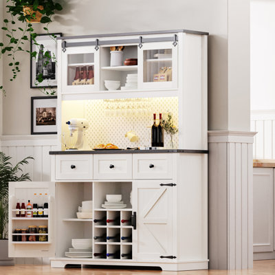 71" Farmhosue Pantry Bar Cabinet With Internal Storage Rack,Kitchen Cabinet With Hutch,Sliding Door,Power Outlet,Pegboard,Wine & Glasses Rack,3 Drawer by One Allium Way
