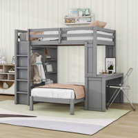 Wood Bunk Bed With Removable Lower Bed, Built-In Desk, Shelves And Wardrobe by Harriet Bee