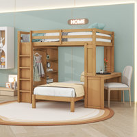Wood Bunk Bed With Removable Lower Bed, Built-In Desk, Shelves And Wardrobe by Harriet Bee