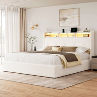 Upholstered Bed With Storage Headboard, Queen Platform Bed Frame With Storage Drawers&led, White by Hokku Designs