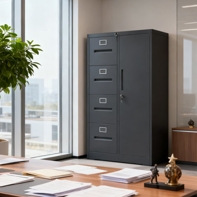 4-Drawer Vertical Metal Filing Cabinet with Lock & Storage Wardrobe, Steel File Locker for Home Office, School, and Bedroom, Black by Inbox Zero