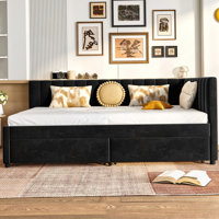 Full Size Daybed with Storage Drawers Upholstered Corner Bed with L Shaped Headboard Velvet Daybed Frame for Living Room Guest Room by Hokku Designs