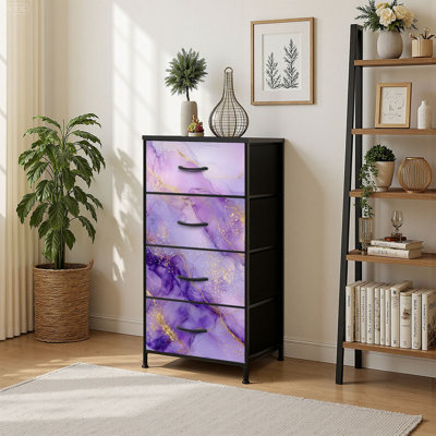 4 Drawer Vertical Storage Dresser Violet lavender liquid watercolor marble golden lines Pastel purple with Wood Top Fabric Pull Drawers by Hokku Designs