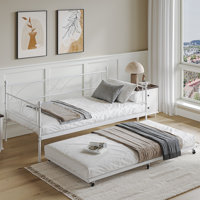 Twin Daybed with with Trundle and Headboard, Day Bed with Trundle Bed Twin, Twin Size Mattress Foundation with Steel Slat Support for Kids Teens Adult by Charlton Home