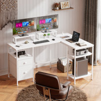 L-Shaped Computer Desk with 2 Monitor Stand, Power Outlet, Cabinet Gaming Desk Metal Base with Drawers Writing desk for Home Office by 17 Stories