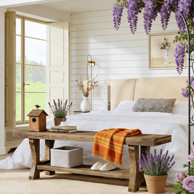 55" Solid Wood Entryway Bench, 2-Tier Long End of Bed Bench by Millwood Pines