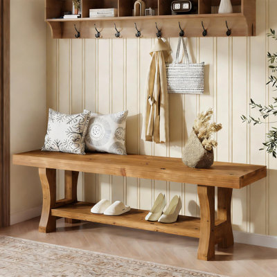 55" Solid Wood Entryway Bench, 2-Tier Long End of Bed Bench by Millwood Pines