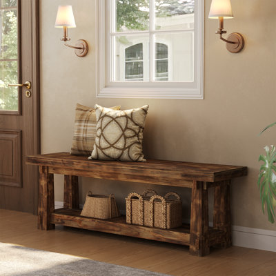55" Solid Wood Entryway Bench with Shoe Storage, Rustic Charred Wood Grain Foyer Bench with Open Shelf for Hallway, Mudroom, Bedroom, Easy Assembly by Millwood Pines