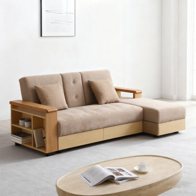 Light Brown Convertible Sleeper Sofa Couch - Double Folding, Storage Ottoman/drawers, Drop-down Table With 2 Cup Holders, Reversible Armrest by Latitude Run