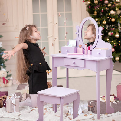 Kids Vanity Set with Mirror & Stool, Wooden Princess Makeup Dressing Table with Drawers for Girls Ages 4-9, Pretend Play Beauty Set by Gemma Violet