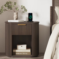 Reeded Nightstand With 1 Drawer, Open Shelf Storage Built-in Outlets USB Type-C Charging Station