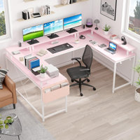 79" U Shaped Desk with Power Outlets & LED Lights, Reversible Corner Computer Desk Office by Wrought Studio