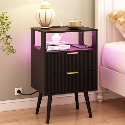Nightstand With Charging Station And LED Lights,Modern Bedside Table With 2 Storage Drawer And Open Wood Shelf,Night Stand With Solid Wood Legs,(Whit