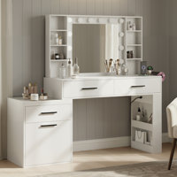 Modern Vanity Table with LED Mirror, Touch Light, Power Outlet & Storage Drawers for Bedroom or Dressing Room by Latitude Run