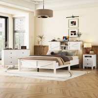3-Pieces Bedroom Sets Queen Size Farmhouse Platform Bed With Double Sliding Door Storage Headboard,Storage Nightstand And Dresser by One Allium Way