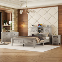 3-Pieces Bedroom Sets Queen Size Farmhouse Platform Bed With Double Sliding Door Storage Headboard,Storage Nightstand And Dresser by One Allium Way