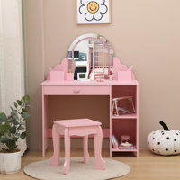 Kids Vanity Set with Lighted Mirror and Stool, Adjustable LED Lights, Storage Drawer and Shelves for Girls Ages 3–9 by Ebern Designs