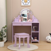 Kids Vanity Set with Lighted Mirror and Stool, Adjustable LED Lights, Storage Drawer and Shelves for Girls Ages 3–9 by Ebern Designs