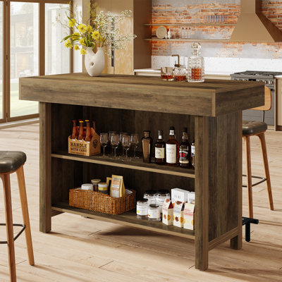 57.48-Inch Bar Table, Industrial Counter Height Pub Table with 2-Tier Storage, Rectangular Home Bar Unit with Metal Footrest for Home Kitchen, Dining