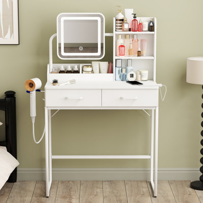 Modern Small Makeup Vanity with Touch Screen Mirror, Built-in Outlets & USB Charging and Adjustable Lighting by Wrought Studio