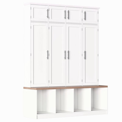 Farmhouse Hall Tree With 4 Hidden Hanging Hooks, Versatile Seating Bench With 8 Doors, Entryway Shoe Cabinet With Open Compartment For Living Room by Red Barrel Studio