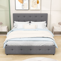 4 Drawers Upholstered Queen Platform Bed with Button-Tufted Headboard