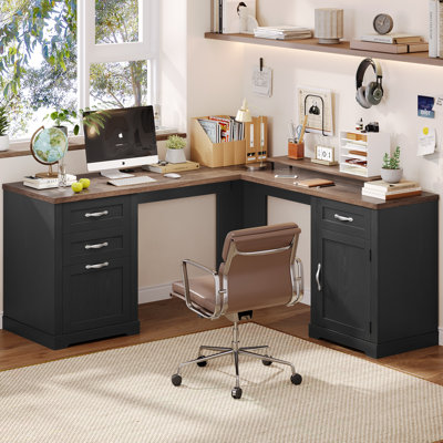 59.8"W Farmhouse L Shaped Executive Desk With Drawers, Home Office Corner Desk With Charging Station by Winston Porter