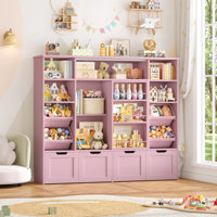 55.1"W Standard Toy Organizer With Sliding Bookshelf, 47.4"H Toy Storage With 4 Removable Drawers and Plastic Bins for Kids Room, Playroom, Kindergart by Red Barrel Studio