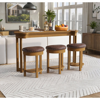 4PCS Solid Wood Dining Table Set with 3 PU Upholstered Rivets Stools,Counter Height Bar Table Set by 17 Stories