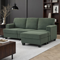 86" L-Shaped Linen Sectional Sofa with Armrest Organizer, Movable Ottoman, and Thick Cushions by Latitude Run