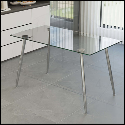 Modern Minimalist Rectangular Glass Dining Table for 4-6 with Tempered Glass and Metal Legs, for Kitchen and Living Room by Wrought Studio