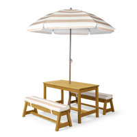 Kids Wood Rectangle Outdoor Picnic Table And Bench With Umbrella And Cushion