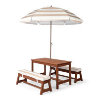 Kids Wood Rectangle Outdoor Picnic Table And Bench With Umbrella And Cushion