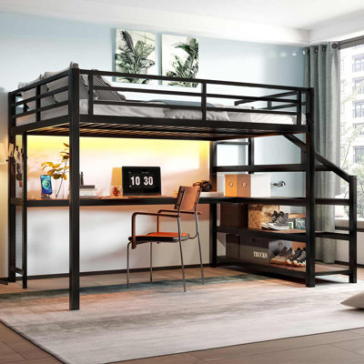 Metal Loft Bed With LED Lights And USB Ports Bed With Multifunctional Iron Nets And Desk No Spring Box Needed by Orren Ellis