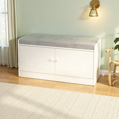 White & Gray Entryway Bench with Cushion | 2-Door Shoe Storage Cabinet | Holds 12 Pairs of Shoes | Adjustable Shelves by Red Barrel Studio