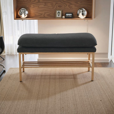 Modern Linen Upholstered Storage Bench - Bed End, Entryway Shoe Bench with Shelf, 300 LB Capacity, Easy Assembly, Black by Red Barrel Studio
