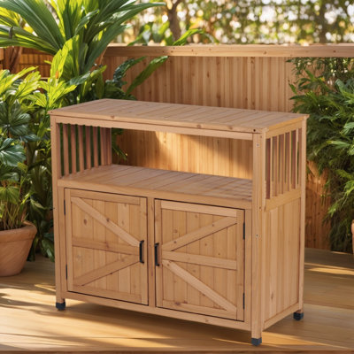 Solid Wood Patio Storage Cabinet, Outdoor Console Table With Slatted Design, Multi-Purpose Deck Box For Tools, Weather Resistant Garden Furniture by Highland Dunes