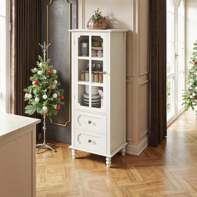Modern Minimalist Buffet Cabinet With Glass Doors & Double Drawer Wooden Storage Sideboard For Living Room Dining Room Hallway - 19.68 D X 15.74 W X 5