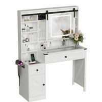 Washed White + Vintage Brown Desktop, Particle Board, Melamine Veneer, 2 Drawers And 1 Door, Glass Desktop, Barn Door Style Dressing Table, LED Three-