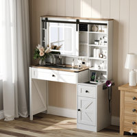 Washed White + Vintage Brown Desktop, Particle Board, Melamine Veneer, 2 Drawers And 1 Door, Glass Desktop, Barn Door Style Dressing Table, LED Three- by Latitude Run