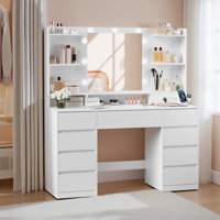 Makeup Table With Charging Station, Vanity Desk With Lighted Mirror And 9 Drawers, Tool-Free Rail Assembly by Wrought Studio
