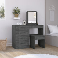 Kaia Makeup Vanity, Four Drawers, One Mirror, Stool -Smokey Oak by Latitude Run