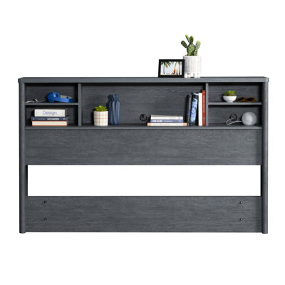Wood Full/Queen Bookcase Headboard With Shelves And Open Cubbies, Denim And Brown by East Urban Home