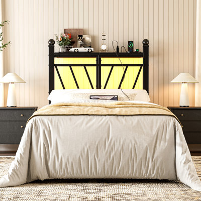 Metal  Headboard With Storage, 60,000 Diy Color Of Led Lights, Head Board With Charging Station, Modern Freestanding Headboard Only, Easy Assembly by Ivy Bronx