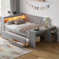Full Size Daybed with Trundle, Storage Drawers & Shelves, LED Light, Charging Station, Desk and Cabinet,Gray by Hokku Designs