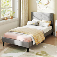 Twin Size Bed Frame with Linen Fabric Upholstered Headboard & Wooden Slat Support by Ebern Designs