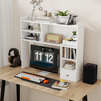 Desktop Bookshelf, Desk Shelf With Drawer For Computer Desk, 35.04" 6-Tier Adjustable Desktop Hutch Organizer For Home Office