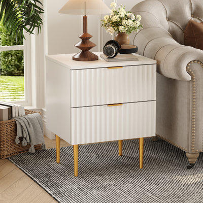 Modern Nightstand with 2 Drawers, en and Wood Fluted Night Stand with Charging Station, Bedside Table with USB Ports and Outlets, Side Table for Bedro by George Oliver